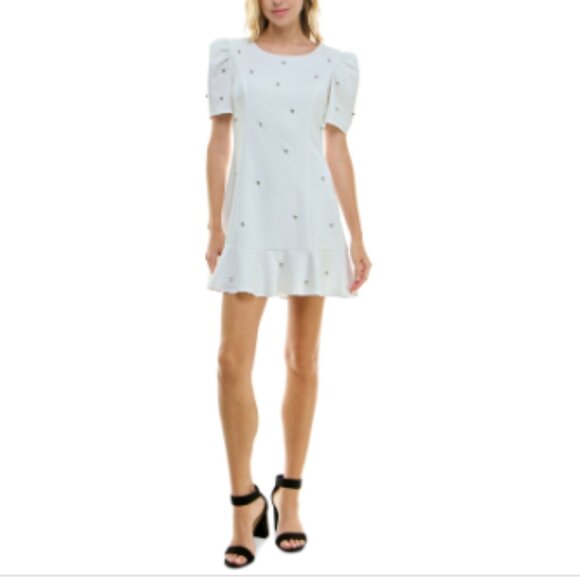 CRYSTAL DOLL/K&K CLOTHING LLC Dresses & Skirts - Crystal Doll Juniors' Puff-Sleeve Rhinestone-Trim Dress - White